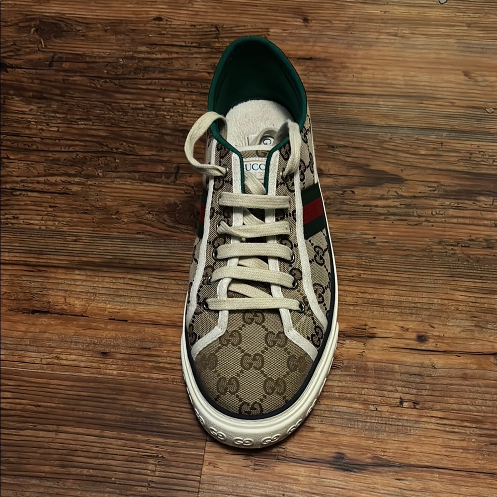 Gucci Beige Monogram Sneaker with Green and Red Stripes